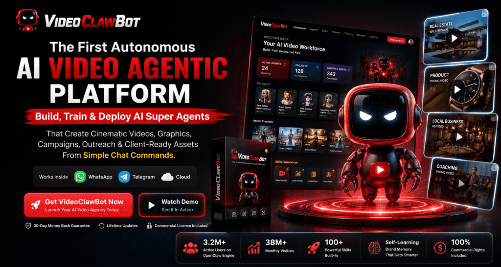 VideoClawBot autonomous AI video agentic platform dashboard with AI robot assistant, cinematic video creation tools, WhatsApp and Telegram integration, and AI Super Agent workflow