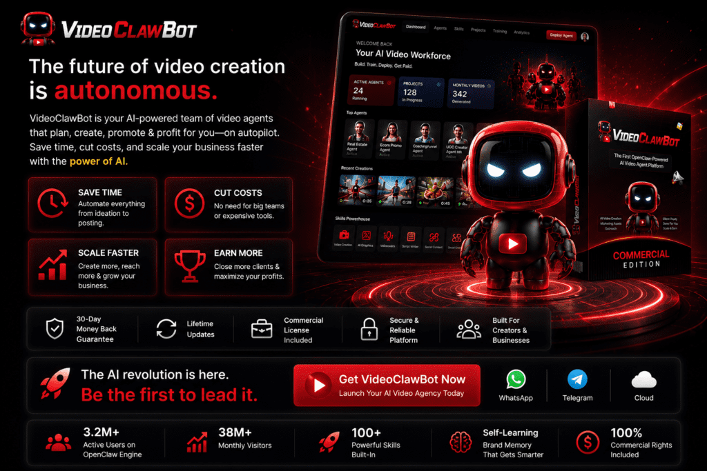 VideoClawBot autonomous AI video platform promotional banner featuring AI video agents, cinematic video creation dashboard, WhatsApp and Telegram automation, commercial edition package, and AI-powered marketing workflow
