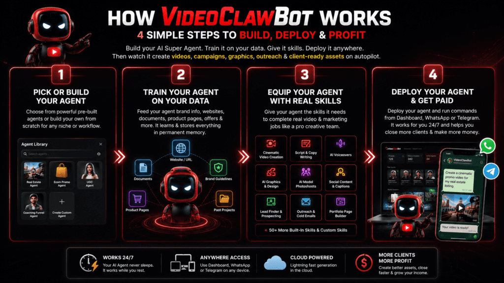 VideoClawBot how it works infographic showing the 4-step AI Super Agent workflow for building, training, deploying, and monetizing autonomous AI video agents through WhatsApp and Telegram