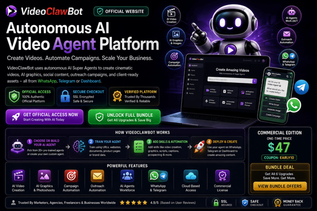VideoClawBot official website hero banner featuring autonomous AI video agents, cinematic video creation platform, WhatsApp and Telegram automation, secure checkout, verified access, and AI marketing workflow dashboard